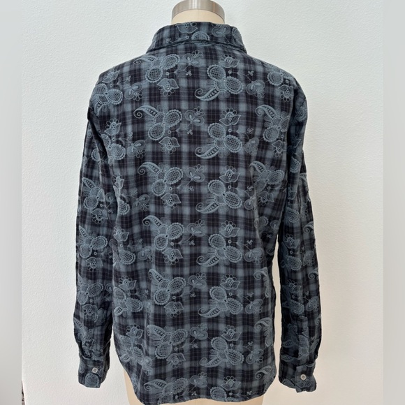 CP Shades Classic L/S Button-Up Shirt Blue Embroidered Paisley on Black Plaid M - Picture 3 of 7